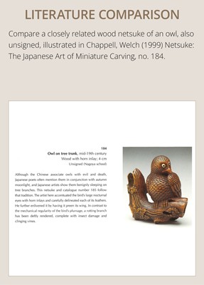 Lot 180 - A FINE NAGOYA SCHOOL WOOD NETSUKE OF AN OWL WITH MOVABLE OWLET