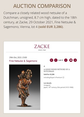 Lot 94 - A TALL WOOD NETSUKE OF A DUTCHMAN WITH CHILD