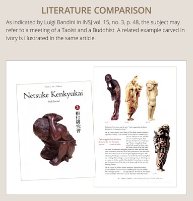 Lot 100 - A RARE WOOD NETSUKE OF A CHINESE IMMORTAL WITH AN ONI