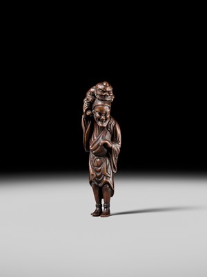 Lot 100 - A RARE WOOD NETSUKE OF A CHINESE IMMORTAL WITH AN ONI