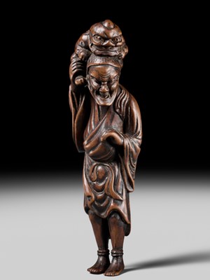 Lot 100 - A RARE WOOD NETSUKE OF A CHINESE IMMORTAL WITH AN ONI