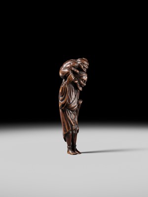 Lot 100 - A RARE WOOD NETSUKE OF A CHINESE IMMORTAL WITH AN ONI