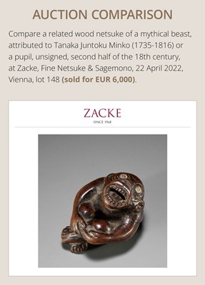 MINKO: A RARE AND UNUSUAL WOOD NETSUKE OF A HATCHING TENGU (TENGU NO TOMAGO)