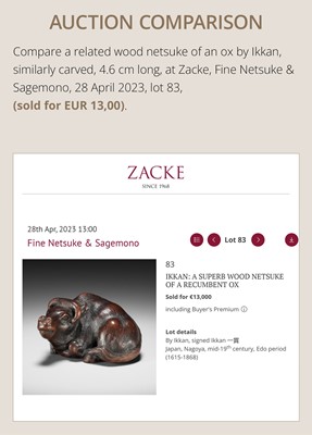 Lot 191 - ITTAN: A FINE WOOD NETSUKE OF A RECUMBENT OX