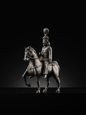 Lot 619 - A SILVER FIGURE OF A SASANIAN KING ON HORSEBACK, PERSIA, 19TH CENTURY OR EARLIER