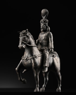 Lot 619 - A SILVER FIGURE OF A SASANIAN KING ON HORSEBACK, PERSIA, 19TH CENTURY OR EARLIER