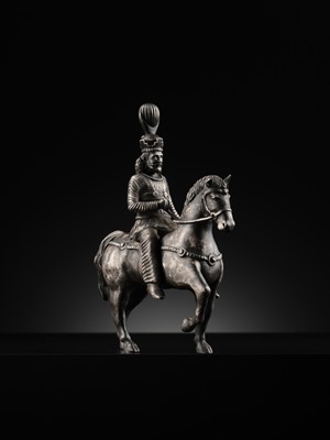 Lot 619 - A SILVER FIGURE OF A SASANIAN KING ON HORSEBACK, PERSIA, 19TH CENTURY OR EARLIER