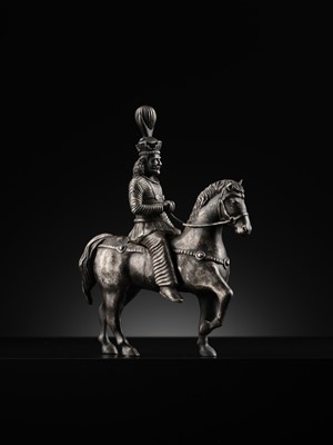 Lot 619 - A SILVER FIGURE OF A SASANIAN KING ON HORSEBACK, PERSIA, 19TH CENTURY OR EARLIER