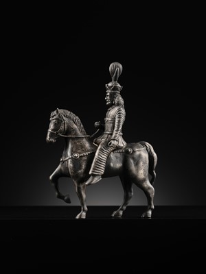Lot 619 - A SILVER FIGURE OF A SASANIAN KING ON HORSEBACK, PERSIA, 19TH CENTURY OR EARLIER