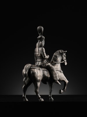 Lot 619 - A SILVER FIGURE OF A SASANIAN KING ON HORSEBACK, PERSIA, 19TH CENTURY OR EARLIER