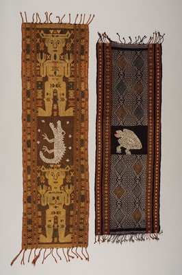 Lot 1114 - TWO SUMBA IKAT PANELS WITH SHELL DESIGNS OF A CROCODILE AND TURTLE