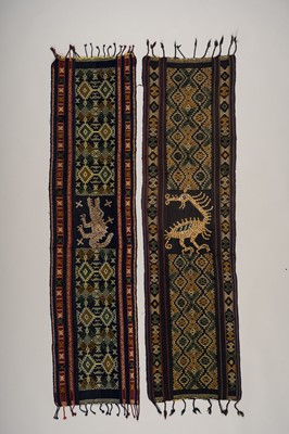 Lot 1115 - TWO SUMBA IKAT PANELS WITH SHELL DESIGNS OF A CROCODILE AND AN OSTRICH