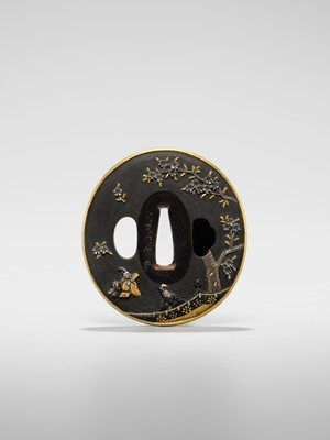 Lot 82 - GOTO DENJO: A FINE SHAKUDO NANAKO TSUBA WITH A SCENE FROM TALE OF GENJI