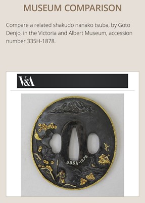 Lot 82 - GOTO DENJO: A FINE SHAKUDO NANAKO TSUBA WITH A SCENE FROM TALE OF GENJI