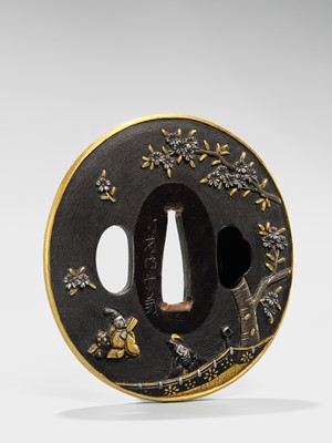 Lot 82 - GOTO DENJO: A FINE SHAKUDO NANAKO TSUBA WITH A SCENE FROM TALE OF GENJI