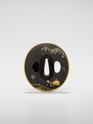 Lot 82 - GOTO DENJO: A FINE SHAKUDO NANAKO TSUBA WITH A SCENE FROM TALE OF GENJI