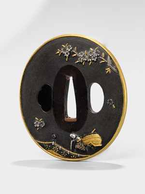 Lot 82 - GOTO DENJO: A FINE SHAKUDO NANAKO TSUBA WITH A SCENE FROM TALE OF GENJI