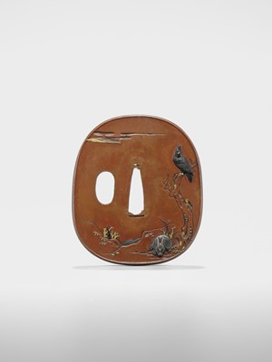 Lot 75 - TOMOTSUNE: A FINE NARA SCHOOL SUAKA TSUBA WITH A CROW AND RABBIT UNDER THE MOON