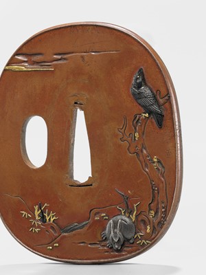 Lot 75 - TOMOTSUNE: A FINE NARA SCHOOL SUAKA TSUBA WITH A CROW AND RABBIT UNDER THE MOON