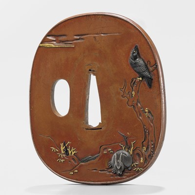 Lot 75 - TOMOTSUNE: A FINE NARA SCHOOL SUAKA TSUBA WITH A CROW AND RABBIT UNDER THE MOON