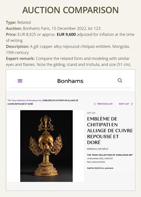 Lot 278 - A COPPER REPOUSSÉ ‘CHITIPATI’ MASK, TIBET, 18TH-19TH CENTURY