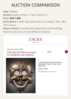 Lot 278 - A COPPER REPOUSSÉ ‘CHITIPATI’ MASK, TIBET, 18TH-19TH CENTURY
