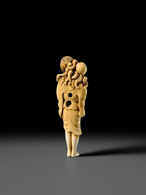 Lot 110 - A RARE TALL IVORY NETSUKE OF AN IMMORTAL WITH AN OCTOPUS