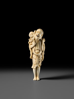 Lot 110 - A RARE TALL IVORY NETSUKE OF AN IMMORTAL WITH AN OCTOPUS