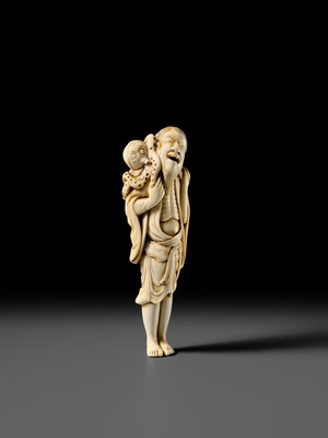 Lot 110 - A RARE TALL IVORY NETSUKE OF AN IMMORTAL WITH AN OCTOPUS