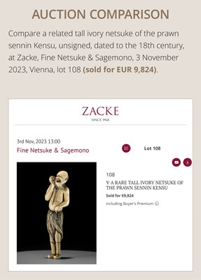 Lot 110 - A RARE TALL IVORY NETSUKE OF AN IMMORTAL WITH AN OCTOPUS
