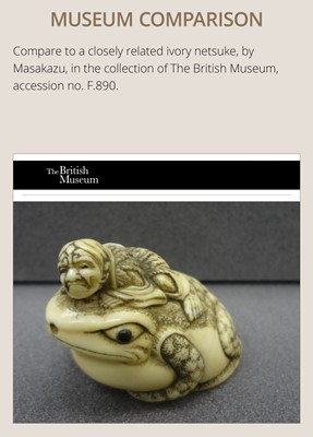 Lot 362 - AN OSAKA SCHOOL IVORY NETSUKE OF GAMA SENNIN ON A HUGE TOAD