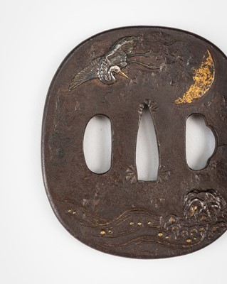Lot 1836 - A FINE IRON TSUBA WITH CRANE AND CRESCENT MOON