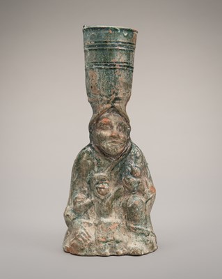 Lot 867 - A FIGURAL, GREEN-GLAZED POTTERY LAMP, HAN DYNASTY