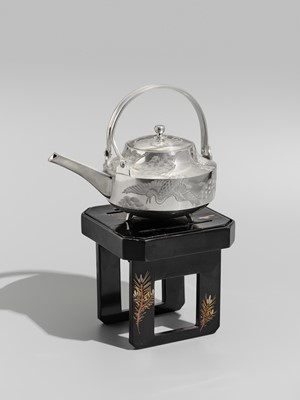 Lot 32 - A FINE SILVER ‘CRANE AND PINE’ SAKE EWER WITH LACQUER STAND