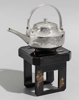 Lot 32 - A FINE SILVER ‘CRANE AND PINE’ SAKE EWER WITH LACQUER STAND