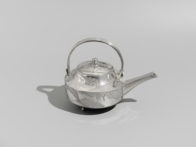 Lot 32 - A FINE SILVER ‘CRANE AND PINE’ SAKE EWER WITH LACQUER STAND