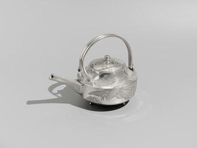 Lot 32 - A FINE SILVER ‘CRANE AND PINE’ SAKE EWER WITH LACQUER STAND