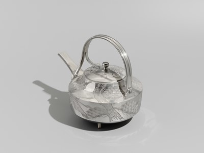Lot 32 - A FINE SILVER ‘CRANE AND PINE’ SAKE EWER WITH LACQUER STAND
