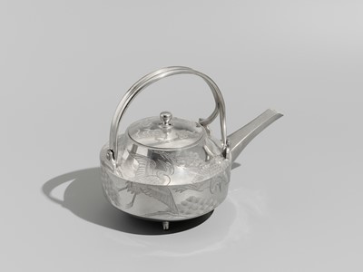 Lot 32 - A FINE SILVER ‘CRANE AND PINE’ SAKE EWER WITH LACQUER STAND