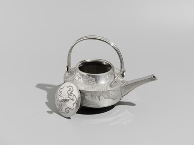 Lot 32 - A FINE SILVER ‘CRANE AND PINE’ SAKE EWER WITH LACQUER STAND