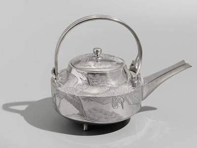 Lot 32 - A FINE SILVER ‘CRANE AND PINE’ SAKE EWER WITH LACQUER STAND