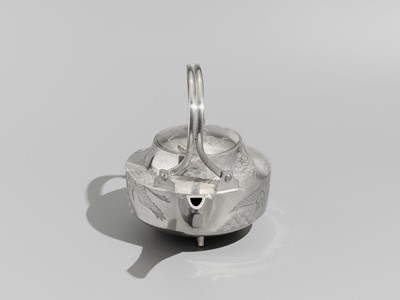 Lot 32 - A FINE SILVER ‘CRANE AND PINE’ SAKE EWER WITH LACQUER STAND