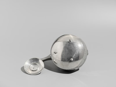 Lot 32 - A FINE SILVER ‘CRANE AND PINE’ SAKE EWER WITH LACQUER STAND