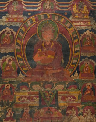 Lot 25 - A THANGKA OF THE BON PATRIARCH TSULTRIM HOSER, NEPAL, DOLPO, 19TH CENTURY