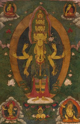 Lot 35 - A THANGKA OF EKADASHAMUKHA AVALOKITESHVARA, 19TH CENTURY