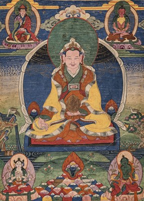 Lot 37 - A THANGKA OF SONGTSEN GAMPO, FOUNDER OF THE TIBETAN EMPIRE, 19TH CENTURY