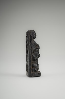 A SMALL STONE STELE OF DURGA SLAYING THE BUFFALO-DEMON MAHISHA, c. 16TH CENTURY