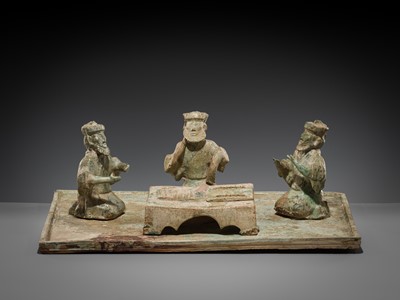 Lot 230 - AN EXCEEDINGLY RARE POTTERY GROUP OF FOREIGN LIUBO PLAYERS, EASTERN HAN DYNASTY