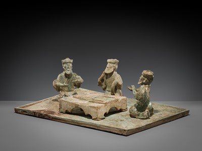 Lot 230 - AN EXCEEDINGLY RARE POTTERY GROUP OF FOREIGN LIUBO PLAYERS, EASTERN HAN DYNASTY
