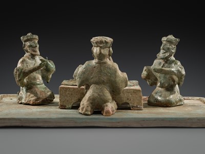 Lot 230 - AN EXCEEDINGLY RARE POTTERY GROUP OF FOREIGN LIUBO PLAYERS, EASTERN HAN DYNASTY